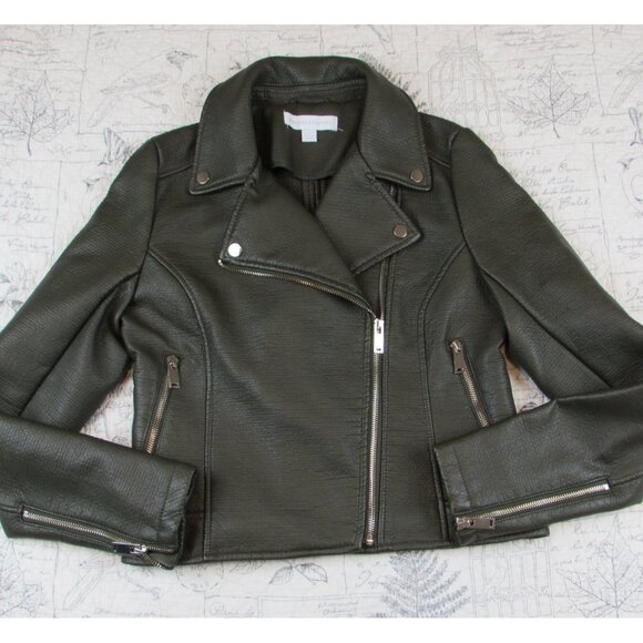 New York & Company Green Faux Leather Moto Jacket Women’s Silver Zip Biker XS - Picture 1 of 5